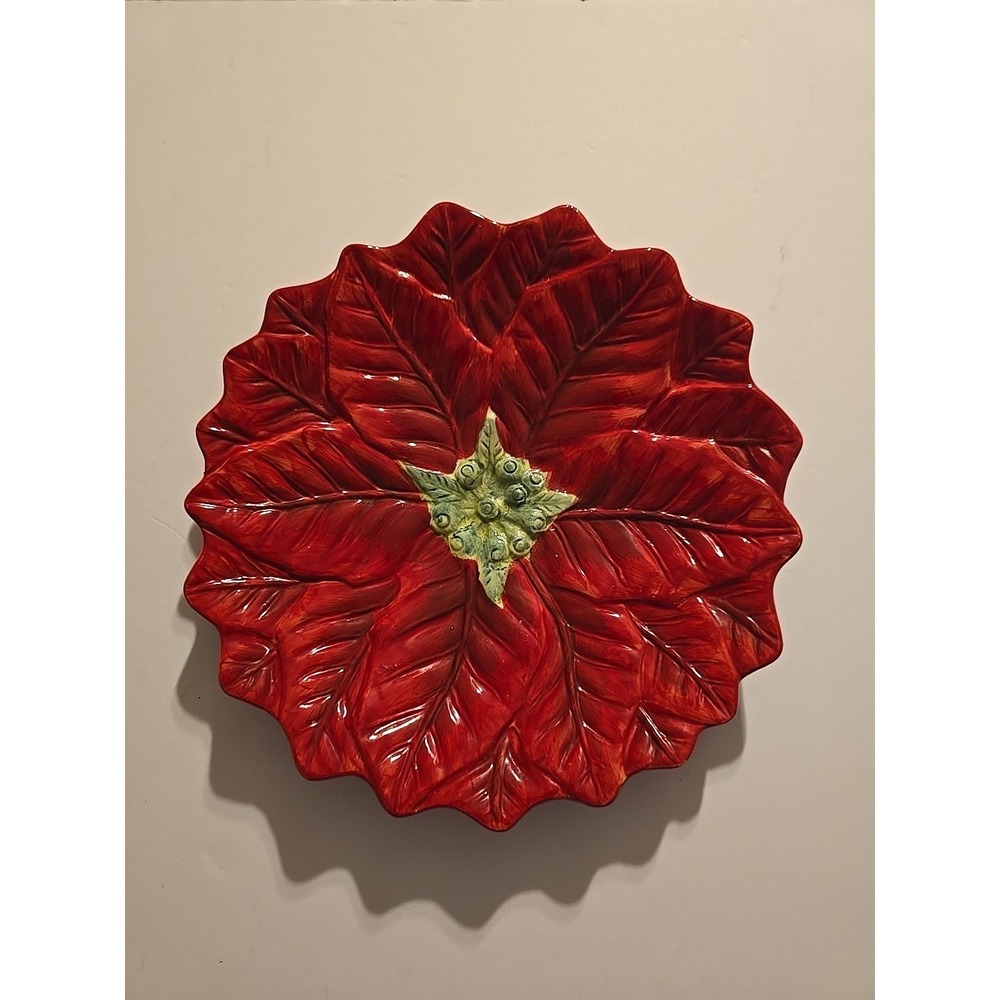 Christmas Poinsettia‎ Serving Dish Beautiful Deep Red Ceramic Dish By Maxcera 9"